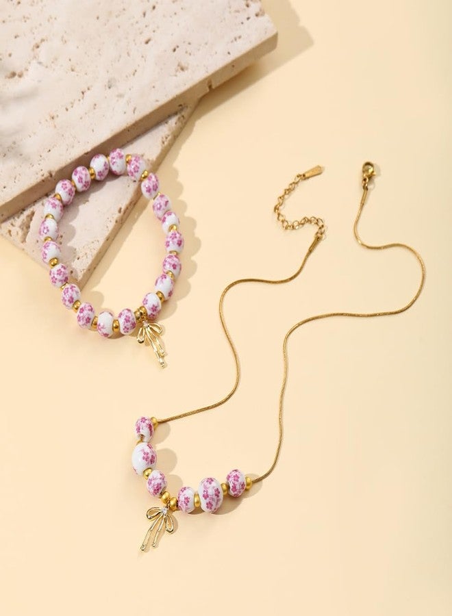 Dhdfisd Bow Necklace Bracelet Set for Women 14K Gold Beaded Bracelet Necklace Dainty Bow Jewelry Christmas Gift (Pink flowers) - Image 5